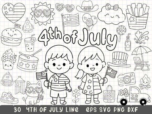 4th of July Line Art Patriotic SVG Graphics & Illustrations