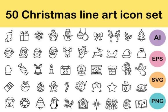 50 Christmas Line Art Icons Graphics