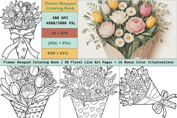 50 Floral Bouquet Pages 16 Colors: Graphics & Coloring Pages Amp