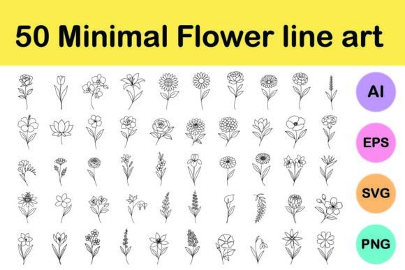 50 Minimal Flower Line Art: Graphics & Illustrations