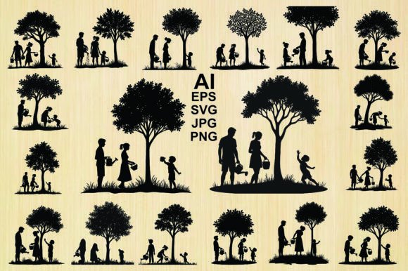 Family Watering Tree Silhouette Set: Graphics, Illustration