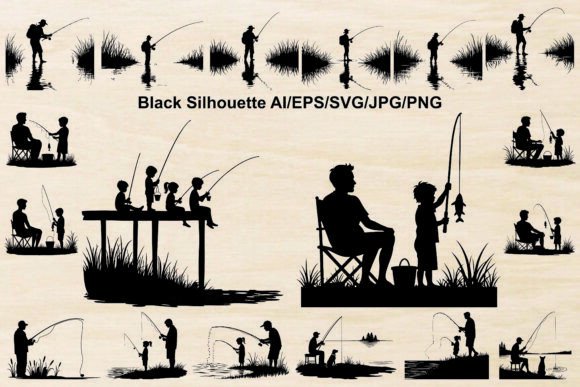 Father and Son Fishing Silhouettes: Graphics & Illustrations