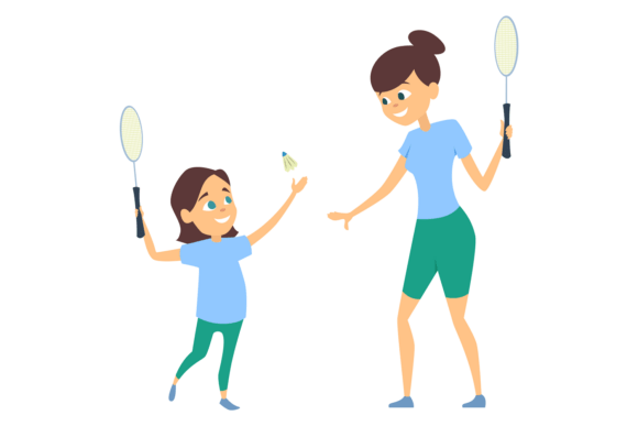 Mother and Daughter Play Badminton Graphics & Illustrations