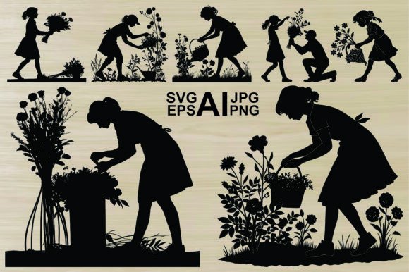 Silhouette Girl Gardening Worker Graphics & Illustrations
