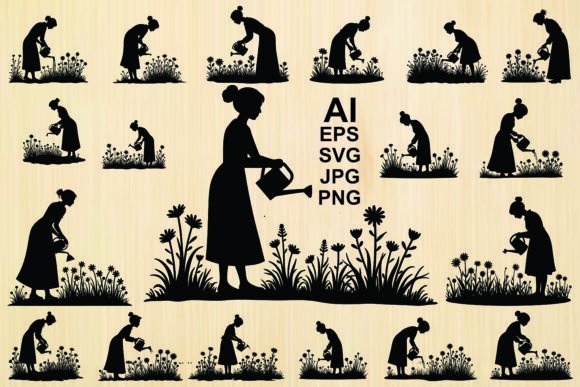 Silhouette Girl Watering a Plant: Graphics & Illustrations Review