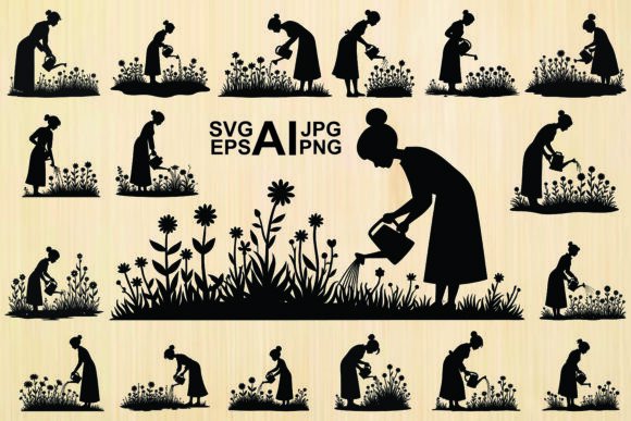 Silhouette Girl Watering Plant: Graphics & Illustrations