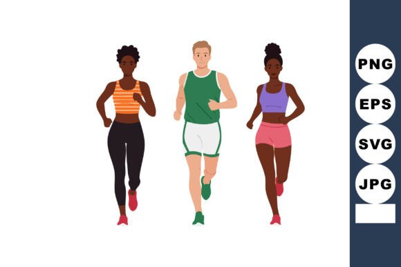 Three Diverse People Jogging Together in Graphics & Illustrations